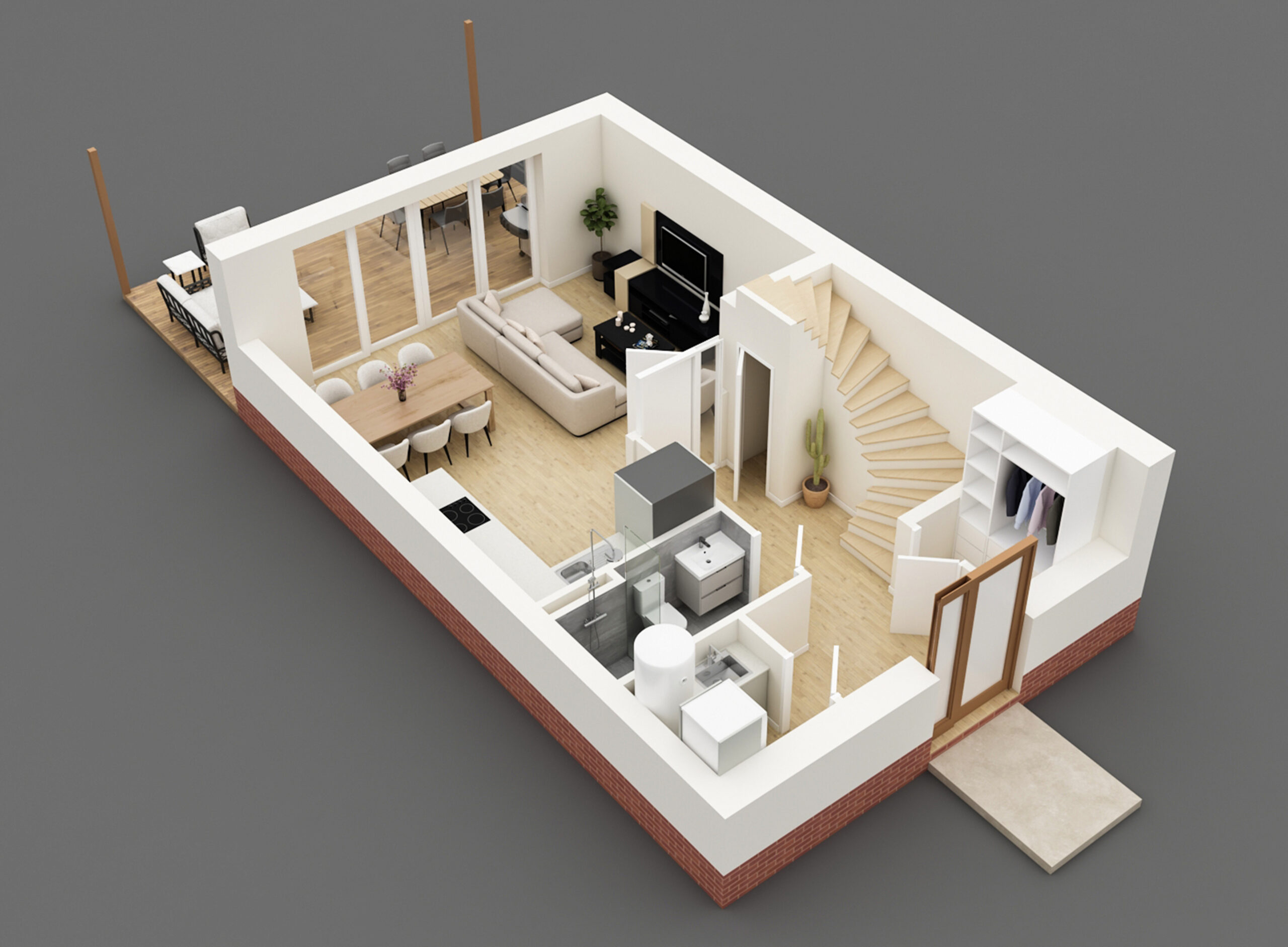 3D půdorys rodinného domu 1NP s kuchyni, obývyacím pokojem, koupelnou a úložnými prostroy a technickou mistnosti
