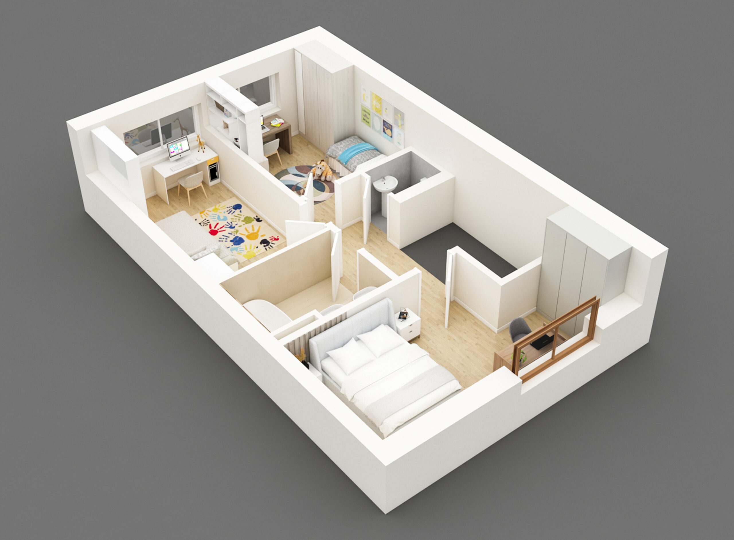 3D půdorys rodinného domu 2NP - Tři ložnice a koupelna