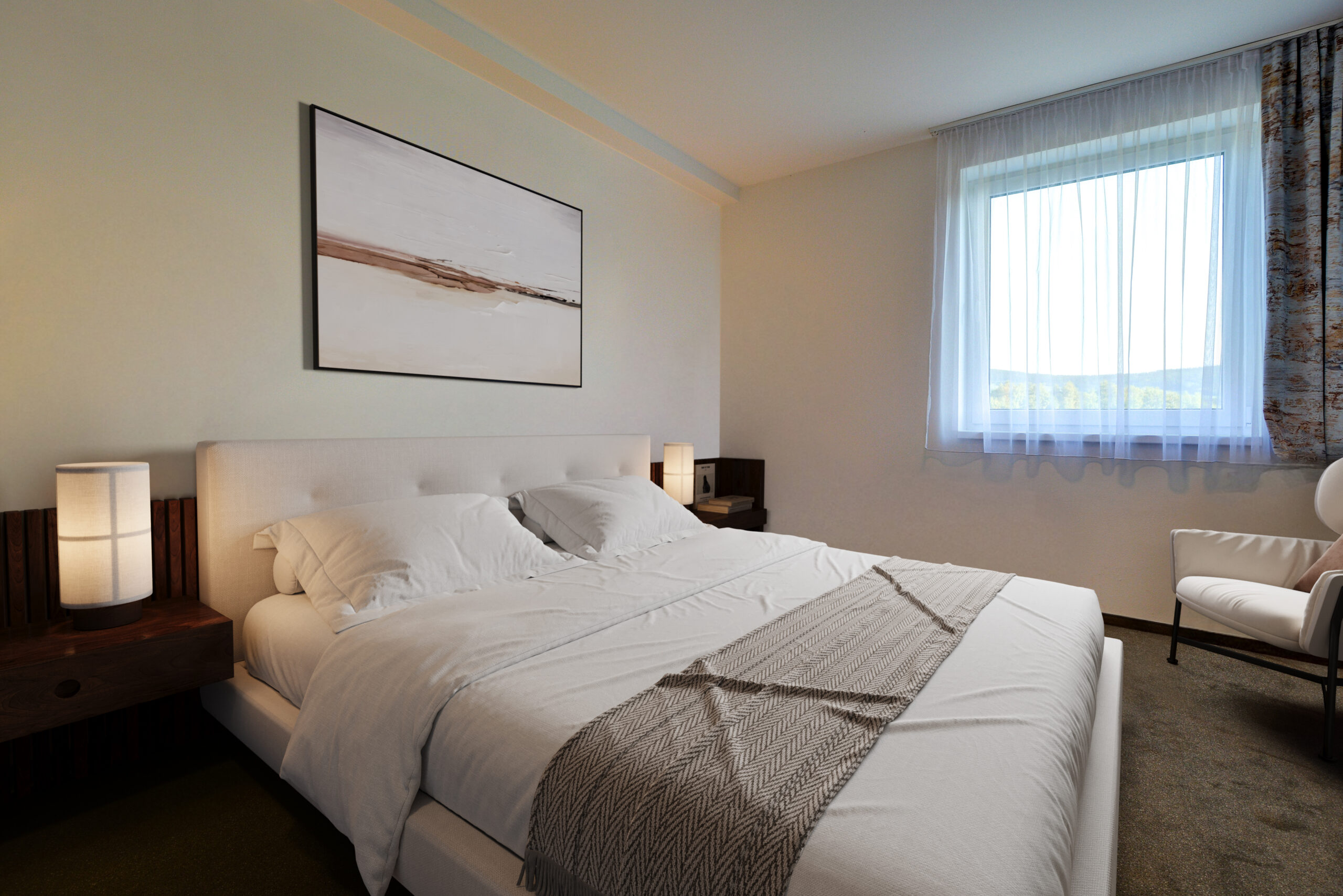 Apartmany Lipno Star 1+kk, pohled na moderní ložnici s kuchyňským koutem, pokoj bez balkonu