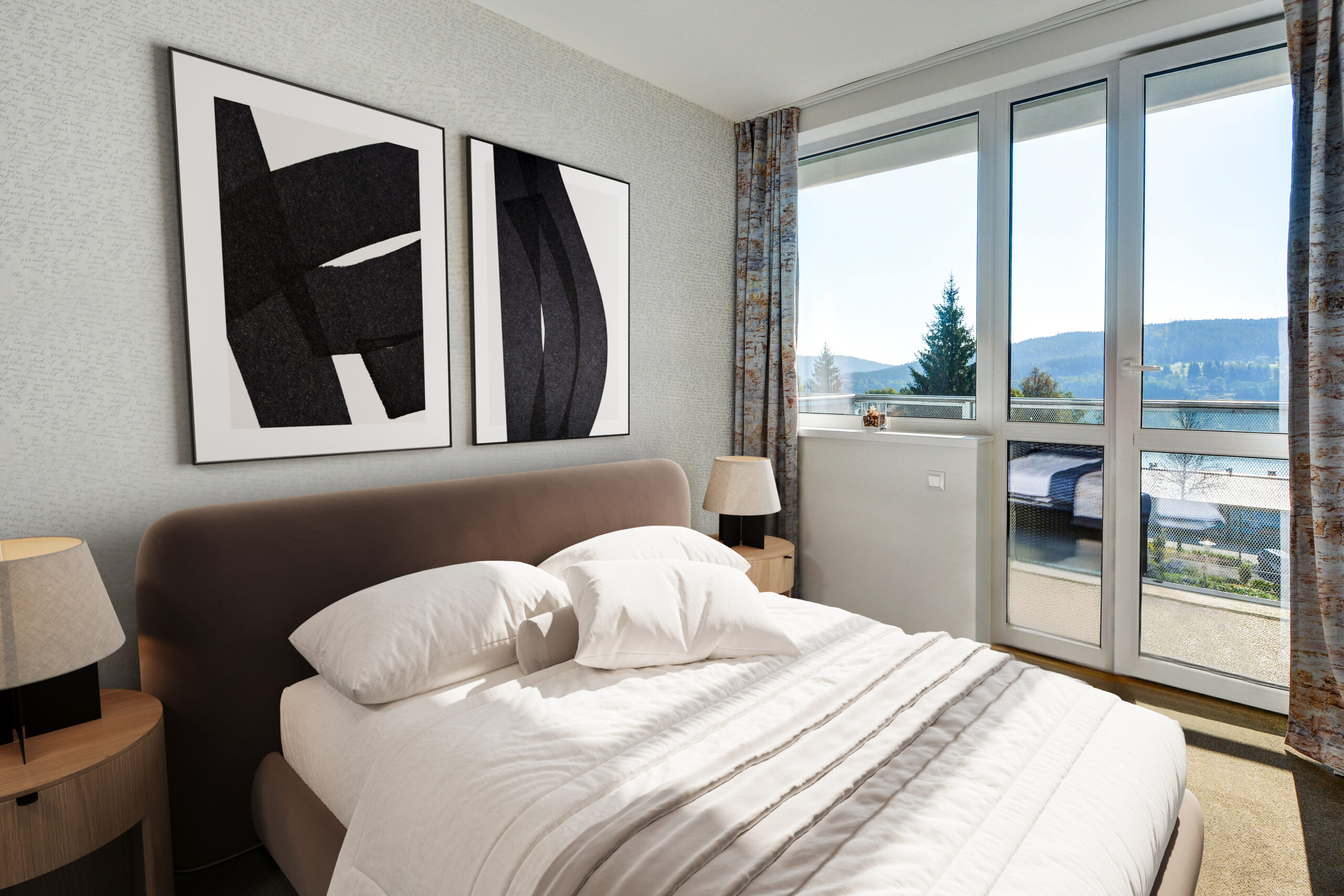 Apartmany Lipno Star 1+kk, pohled na moderní ložnici s kuchyňským koutem výheld z balkonu