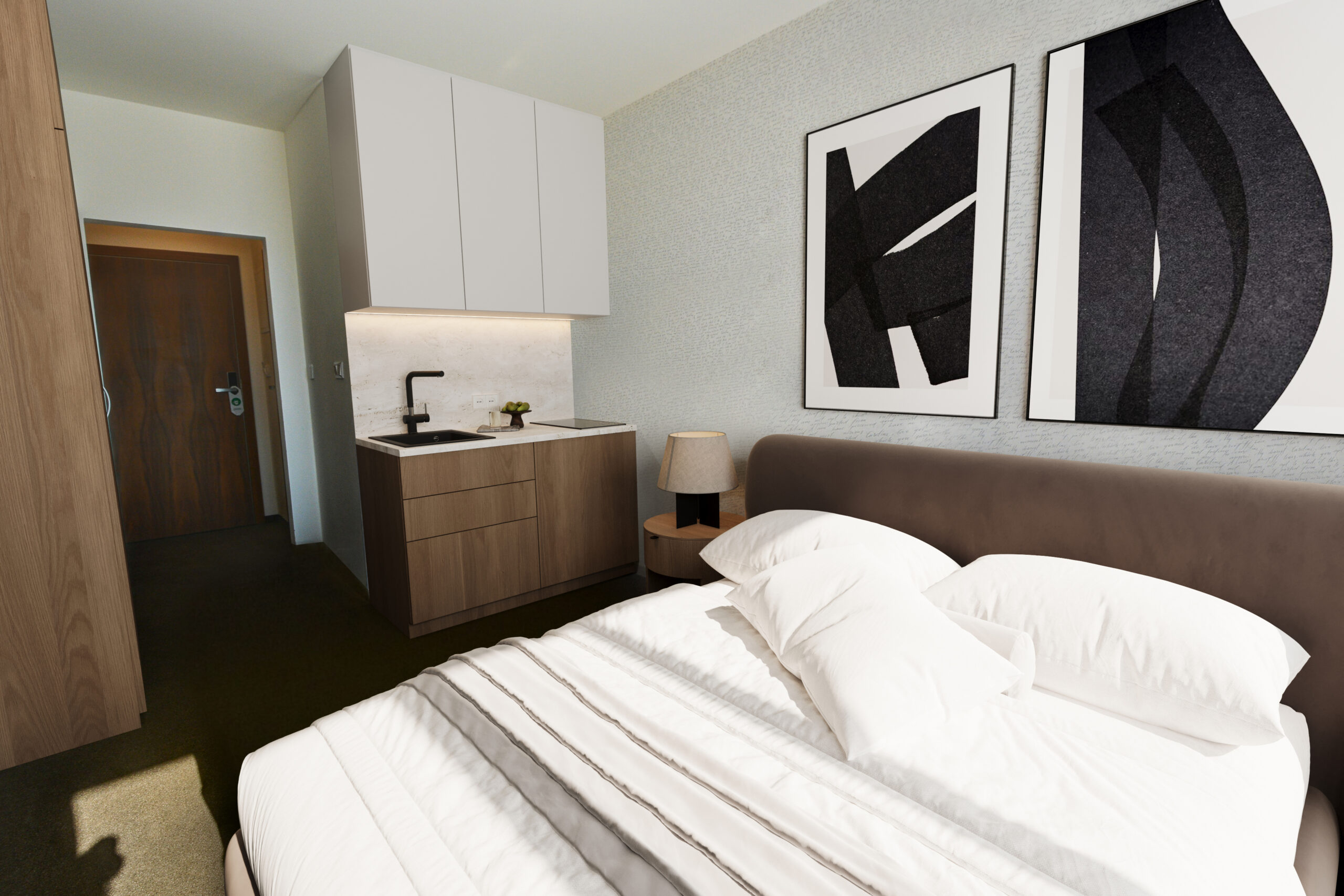 Apartmany Lipno Star 1+kk, pohled na moderní ložnici s kuchyňským koutem